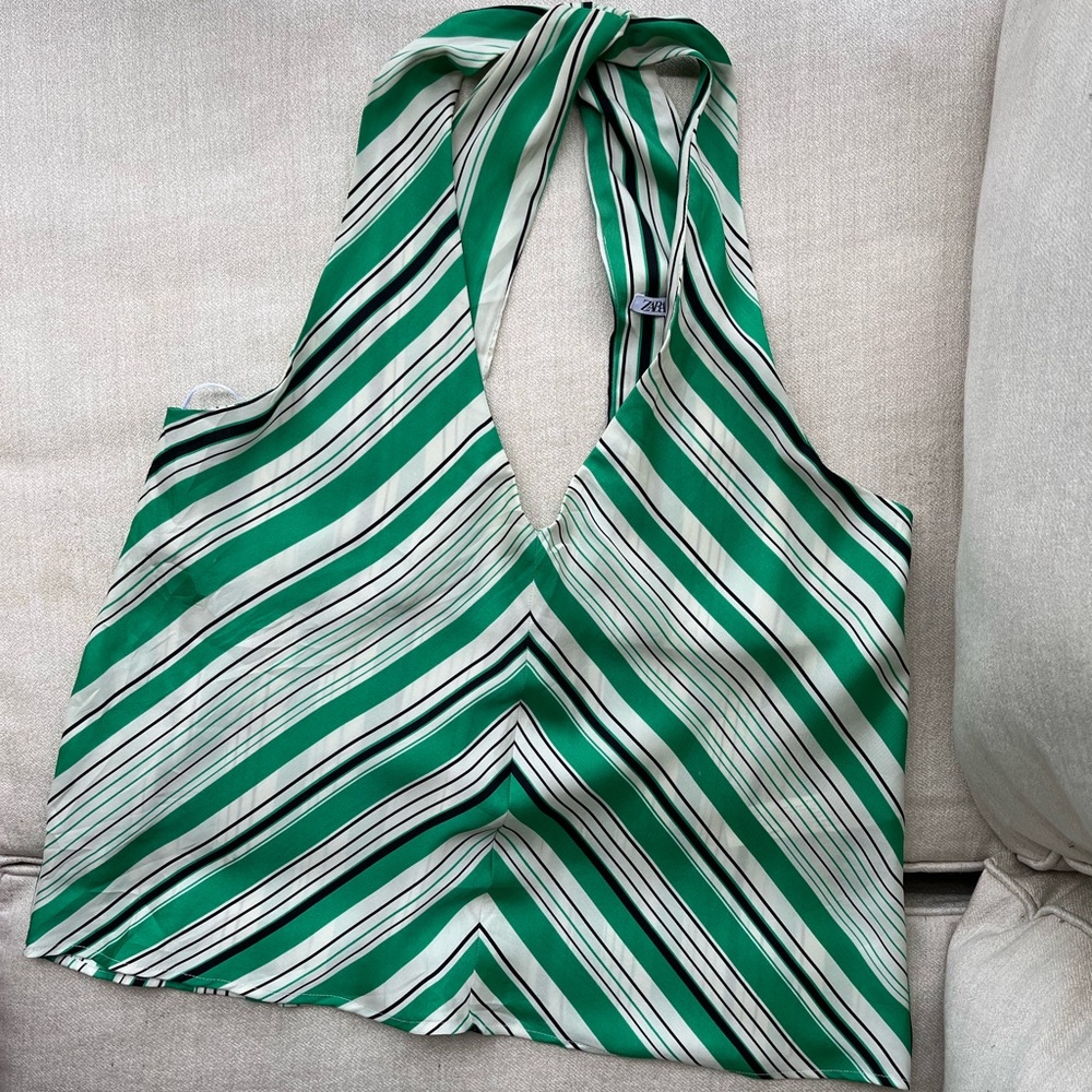 Zara Women’s Green White Black V Neck Striped Top Size M